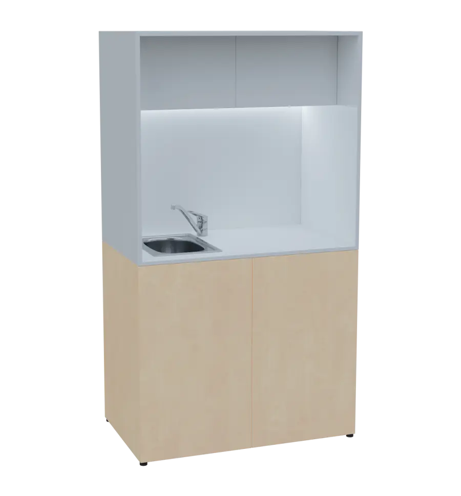 KUCH - CUBE 2 kuchyňka, vybavení - dřez + baterie, 1800x1000x600 mm, LED osvětlení, horní výklopné skříňky, bříza irská/bílá