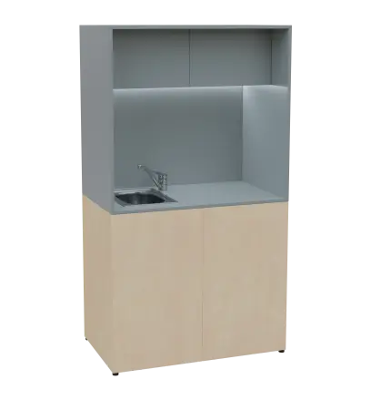 KUCH - CUBE 2 kuchyňka, vybavení - dřez + baterie, 1800x1000x600 mm, LED osvětlení, horní výklopné skříňky, bříza irská/šedá