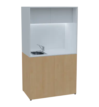 KUCH - CUBE 2 kuchyňka, vybavení - dřez + baterie, 1800x1000x600 mm, LED osvětlení, horní výklopné skříňky, javor horský/bílá