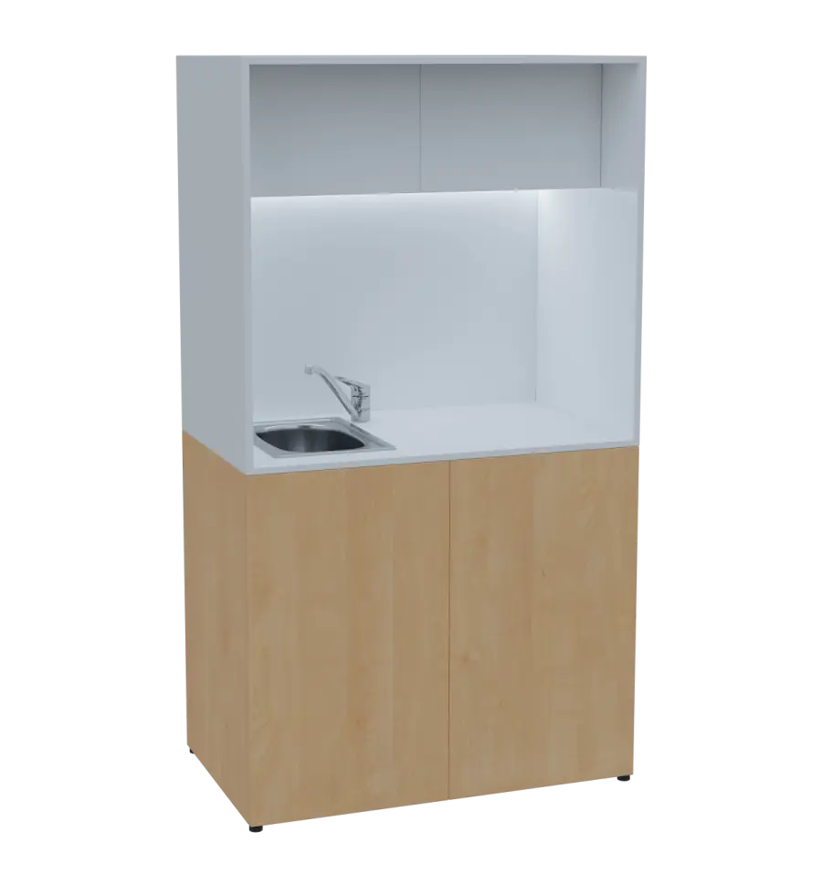 KUCH - CUBE 2 kuchyňka, vybavení - dřez + baterie, 1800x1000x600 mm, LED osvětlení, horní výklopné skříňky, javor horský/bílá