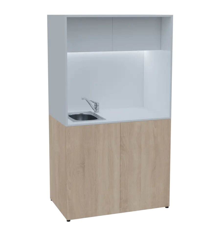 KUCH - CUBE 2 kuchyňka, vybavení - dřez + baterie, 1800x1000x600 mm, LED osvětlení, horní výklopné skříňky, dub bardolino/bílá