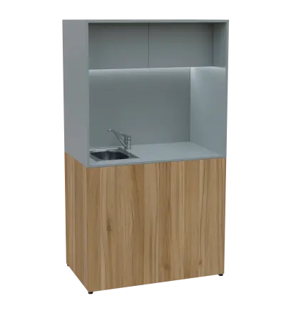 KUCH - CUBE 2 kuchyňka, vybavení - dřez + baterie, 1800x1000x600 mm, LED osvětlení, horní výklopné skříňky, ořech světlý/šedá