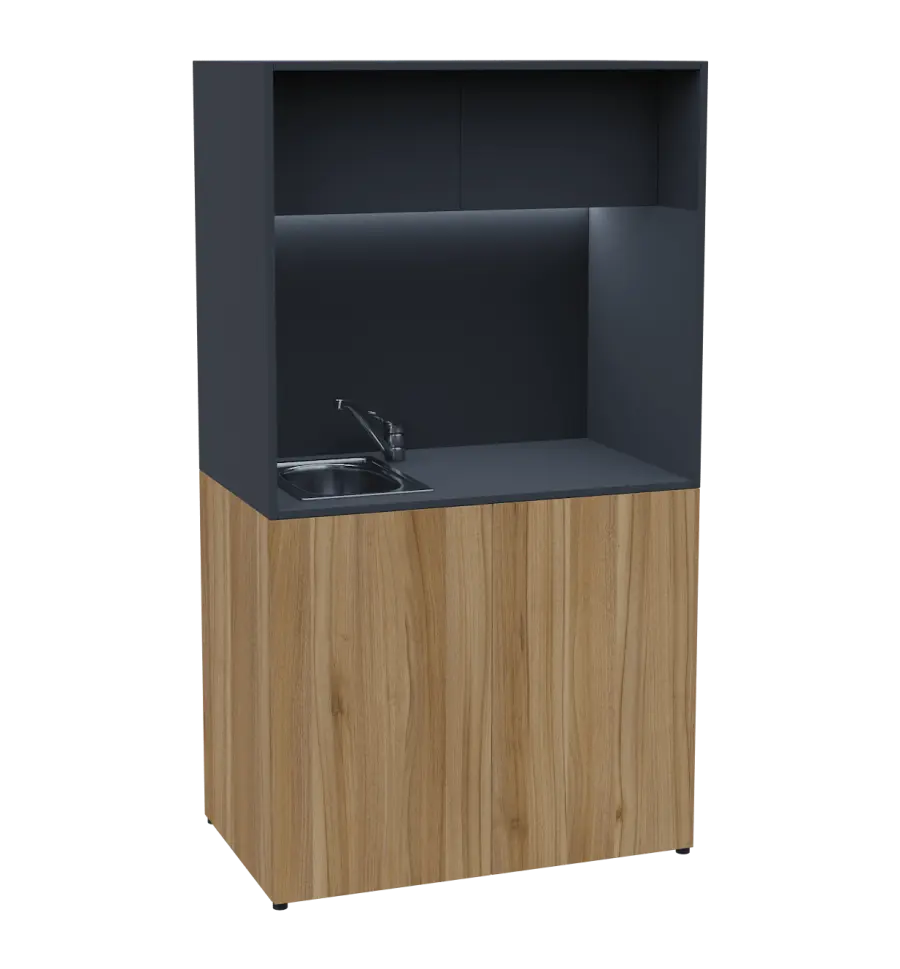 KUCH - CUBE 2 kuchyňka, vybavení - dřez + baterie, 1800x1000x600 mm, LED osvětlení, horní výklopné skříňky, ořech světlý/antracit