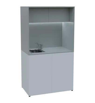 KUCH - CUBE 2 kuchyňka, vybavení - dřez + baterie, 1800x1000x600 mm, LED osvětlení, horní výklopné skříňky, bílá/šedá