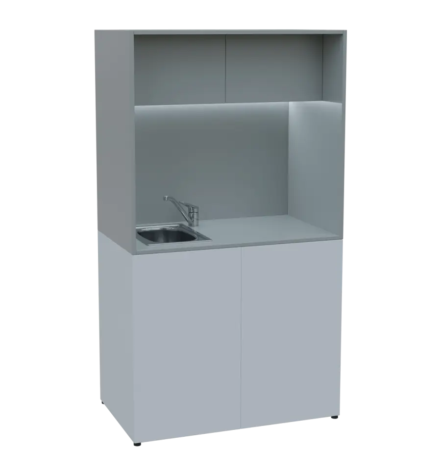 KUCH - CUBE 2 kuchyňka, vybavení - dřez + baterie, 1800x1000x600 mm, LED osvětlení, horní výklopné skříňky, bílá/šedá