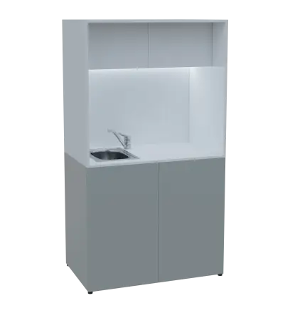 KUCH - CUBE 2 kuchyňka, vybavení - dřez + baterie, 1800x1000x600 mm, LED osvětlení, horní výklopné skříňky, šedá/bílá