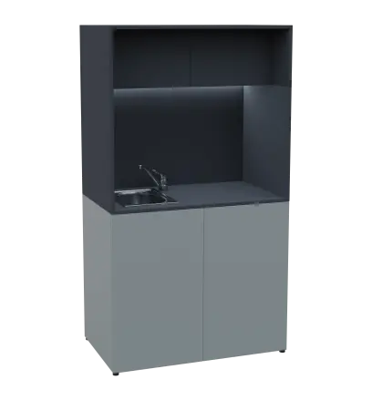KUCH - CUBE 2 kuchyňka, vybavení - dřez + baterie, 1800x1000x600 mm, LED osvětlení, horní výklopné skříňky, šedá/antracit