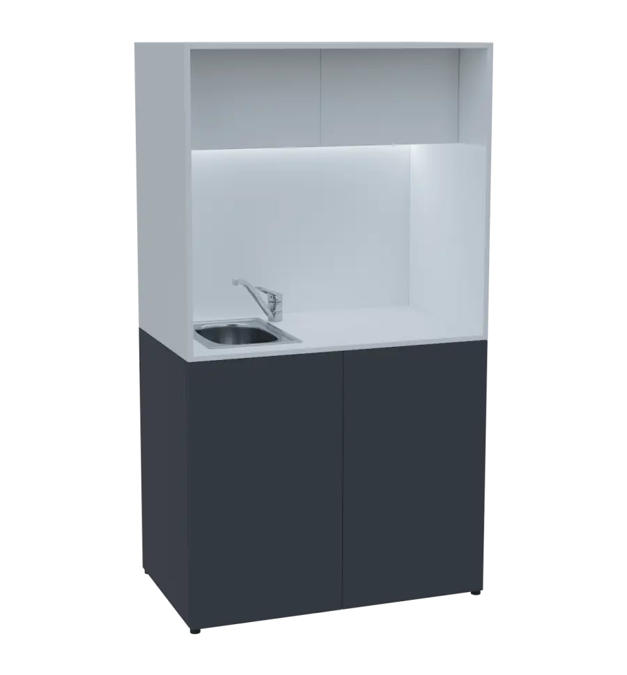 KUCH - CUBE 2 kuchyňka, vybavení - dřez + baterie, 1800x1000x600 mm, LED osvětlení, horní výklopné skříňky, antracit/bílá