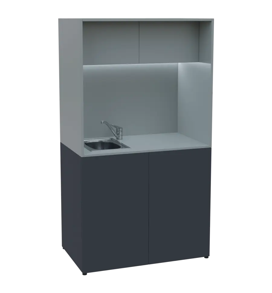 KUCH - CUBE 2 kuchyňka, vybavení - dřez + baterie, 1800x1000x600 mm, LED osvětlení, horní výklopné skříňky, antracit/šedá