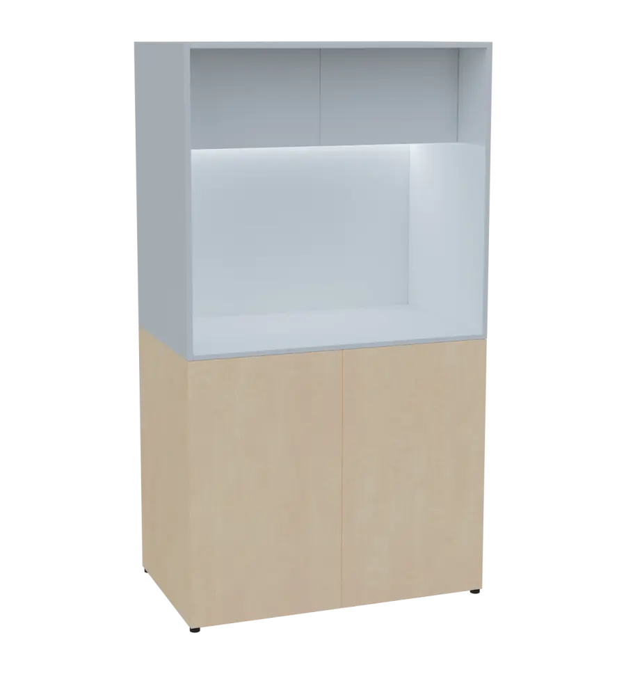 KUCH - CUBE 2 kuchyňka, lednice, 1800x1000x600 mm, LED osvětlení, horní výklopné skříňky, bříza irská/bílá