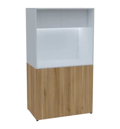 KUCH - CUBE 2 kuchyňka, lednice, 1800x1000x600 mm, LED osvětlení, horní výklopné skříňky, ořech světlý/bílá