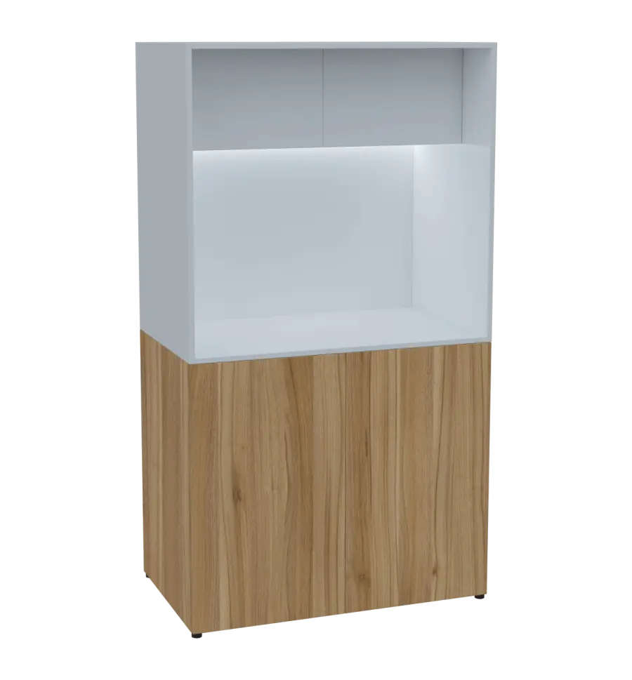 KUCH - CUBE 2 kuchyňka, lednice, 1800x1000x600 mm, LED osvětlení, horní výklopné skříňky, ořech světlý/bílá