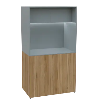 KUCH - CUBE 2 kuchyňka, lednice, 1800x1000x600 mm, LED osvětlení, horní výklopné skříňky, ořech světlý/šedá