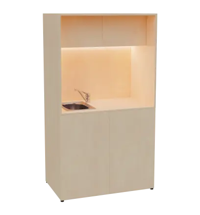 KUCH - CUBE 2 kuchyňka, vybavení - dřez + baterie + lednice, 1800x1000x600 mm, LED osvětlení, horní výklopné skříňky, bříza světlá