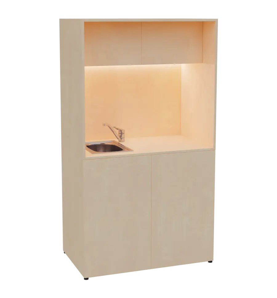 KUCH - CUBE 2 kuchyňka, vybavení - dřez + baterie + lednice, 1800x1000x600 mm, LED osvětlení, horní výklopné skříňky, bříza světlá