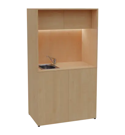 KUCH - CUBE 2 kuchyňka, vybavení - dřez + baterie + lednice, 1800x1000x600 mm, LED osvětlení, horní výklopné skříňky, javor horský