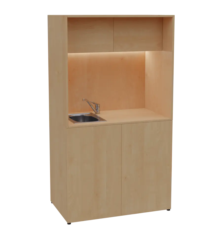 KUCH - CUBE 2 kuchyňka, vybavení - dřez + baterie + lednice, 1800x1000x600 mm, LED osvětlení, horní výklopné skříňky, javor horský