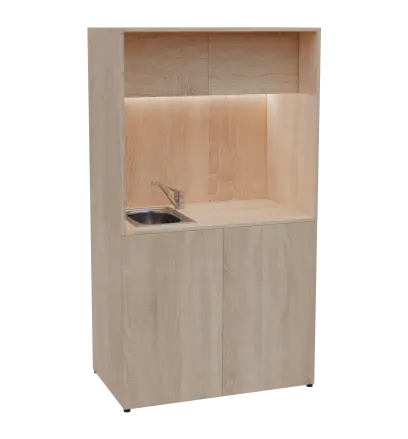 KUCH - CUBE 2 kuchyňka, vybavení - dřez + baterie + lednice, 1800x1000x600 mm, LED osvětlení, horní výklopné skříňky, dub bardolino