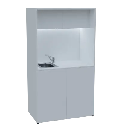 KUCH - CUBE 2 kuchyňka, vybavení - dřez + baterie + lednice, 1800x1000x600 mm, LED osvětlení, horní výklopné skříňky, bílá