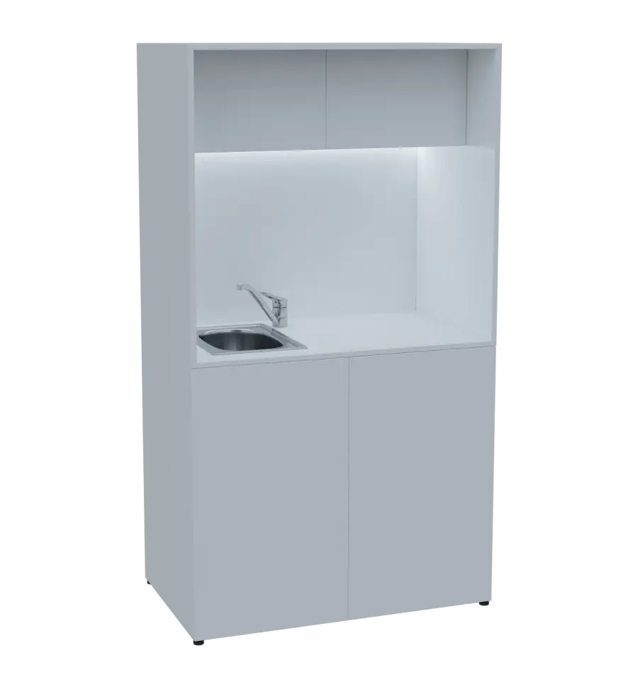 KUCH - CUBE 2 kuchyňka, vybavení - dřez + baterie + lednice, 1800x1000x600 mm, LED osvětlení, horní výklopné skříňky, bílá