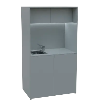 KUCH - CUBE 2 kuchyňka, vybavení - dřez + baterie + lednice, 1800x1000x600 mm, LED osvětlení, horní výklopné skříňky, šedá