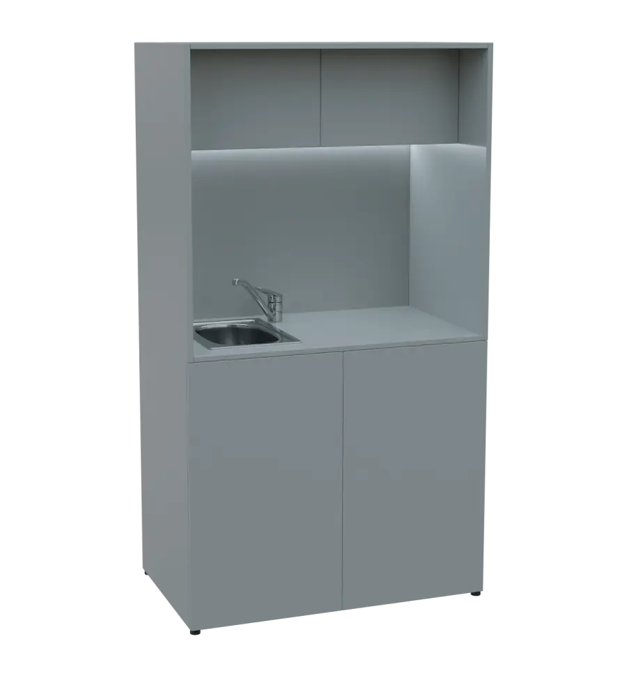 KUCH - CUBE 2 kuchyňka, vybavení - dřez + baterie + lednice, 1800x1000x600 mm, LED osvětlení, horní výklopné skříňky, šedá
