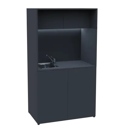 KUCH - CUBE 2 kuchyňka, vybavení - dřez + baterie + lednice, 1800x1000x600 mm, LED osvětlení, horní výklopné skříňky, antracit