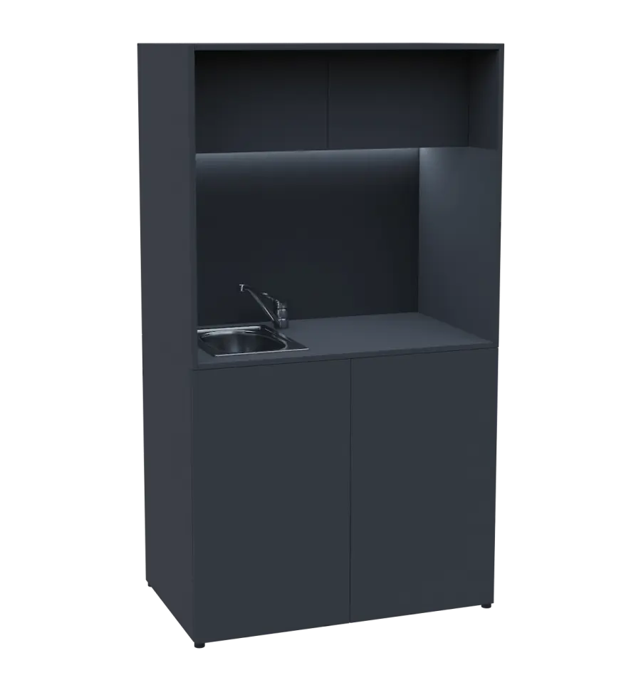 KUCH - CUBE 2 kuchyňka, vybavení - dřez + baterie + lednice, 1800x1000x600 mm, LED osvětlení, horní výklopné skříňky, antracit
