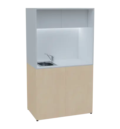 KUCH - CUBE 2 kuchyňka, vybavení - dřez + baterie + lednice, 1800x1000x600 mm, LED osvětlení, horní výklopné skříňky, bříza irská/bílá