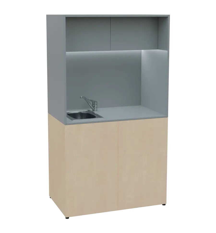KUCH - CUBE 2 kuchyňka, vybavení - dřez + baterie + lednice, 1800x1000x600 mm, LED osvětlení, horní výklopné skříňky, bříza irská/šedá