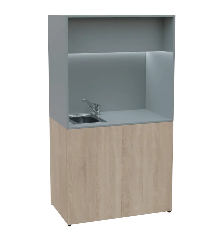 KUCH - CUBE 2 kuchyňka, vybavení - dřez + baterie + lednice, 1800x1000x600 mm, LED osvětlení, horní výklopné skříňky, dub bardolino/šedá