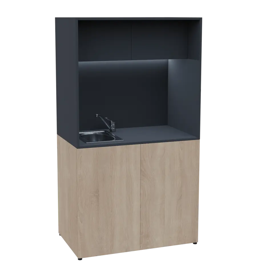 KUCH - CUBE 2 kuchyňka, vybavení - dřez + baterie + lednice, 1800x1000x600 mm, LED osvětlení, horní výklopné skříňky, dub bardolino/antracit