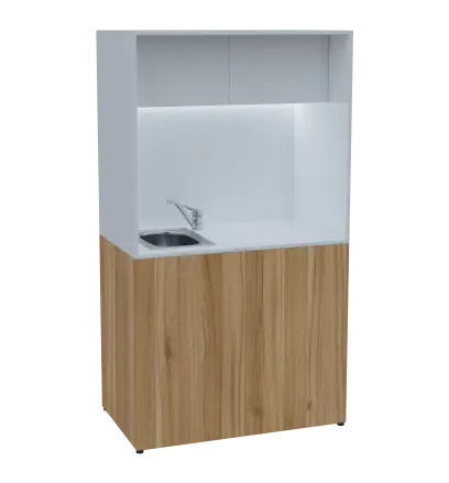 KUCH - CUBE 2 kuchyňka, vybavení - dřez + baterie + lednice, 1800x1000x600 mm, LED osvětlení, horní výklopné skříňky, ořech světlý/bílá