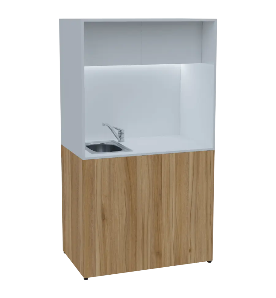 KUCH - CUBE 2 kuchyňka, vybavení - dřez + baterie + lednice, 1800x1000x600 mm, LED osvětlení, horní výklopné skříňky, ořech světlý/bílá