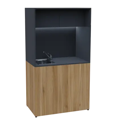 KUCH - CUBE 2 kuchyňka, vybavení - dřez + baterie + lednice, 1800x1000x600 mm, LED osvětlení, horní výklopné skříňky, ořech světlý/antracit