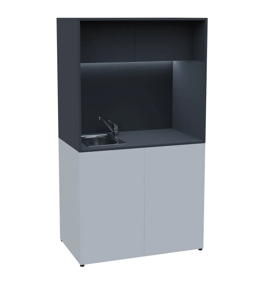 KUCH - CUBE 2 kuchyňka, vybavení - dřez + baterie + lednice, 1800x1000x600 mm, LED osvětlení, horní výklopné skříňky, bílá/antracit