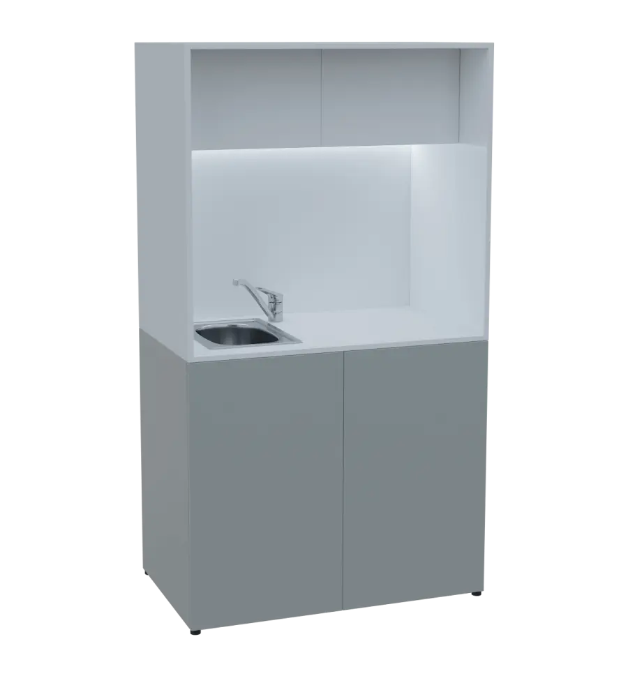 KUCH - CUBE 2 kuchyňka, vybavení - dřez + baterie + lednice, 1800x1000x600 mm, LED osvětlení, horní výklopné skříňky, šedá/bílá