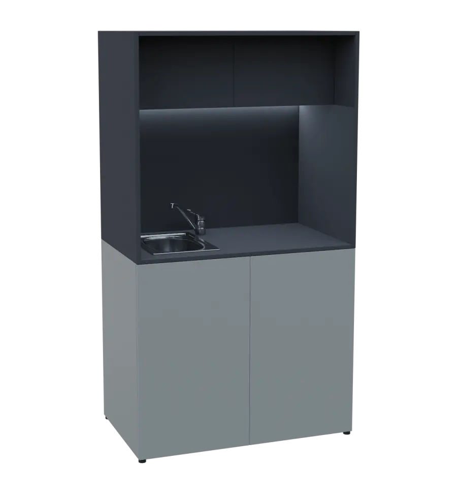 KUCH - CUBE 2 kuchyňka, vybavení - dřez + baterie + lednice, 1800x1000x600 mm, LED osvětlení, horní výklopné skříňky, šedá/antracit