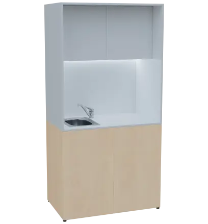 KUCH - CUBE PLUS 2 kuchyňka, vybavení - dřez + baterie, 2000x1000x600 mm, LED osvětlení, dvířka, bříza irská/bílá