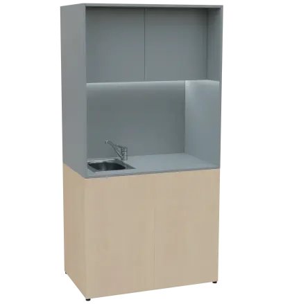 KUCH - CUBE PLUS 2 kuchyňka, vybavení - dřez + baterie, 2000x1000x600 mm, LED osvětlení, dvířka, bříza irská/šedá