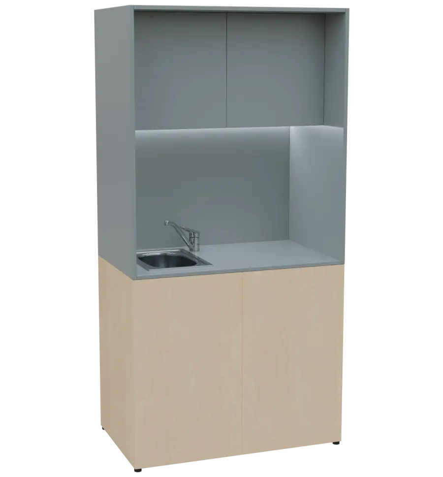 KUCH - CUBE PLUS 2 kuchyňka, vybavení - dřez + baterie, 2000x1000x600 mm, LED osvětlení, dvířka, bříza irská/šedá
