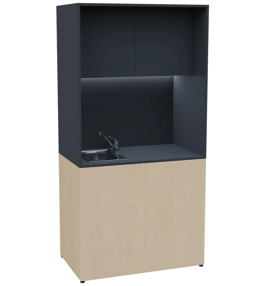 KUCH - CUBE PLUS 2 kuchyňka, vybavení - dřez + baterie, 2000x1000x600 mm, LED osvětlení, dvířka, bříza irská/antracit