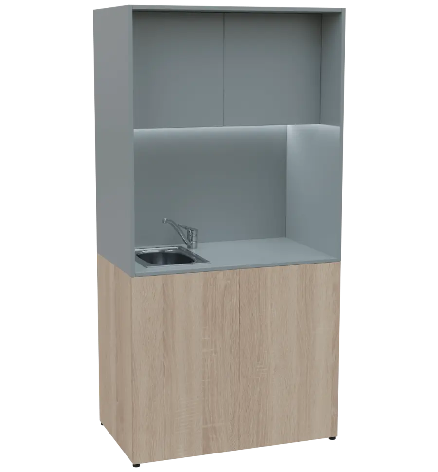 KUCH - CUBE PLUS 2 kuchyňka, vybavení - dřez + baterie, 2000x1000x600 mm, LED osvětlení, dvířka, dub bardolino/šedá