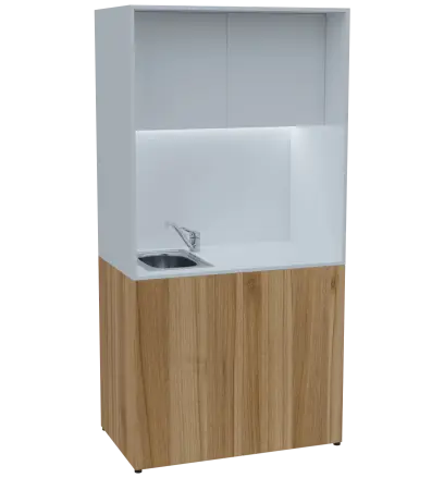 KUCH - CUBE PLUS 2 kuchyňka, vybavení - dřez + baterie, 2000x1000x600 mm, LED osvětlení, dvířka, ořech světlý/bílá