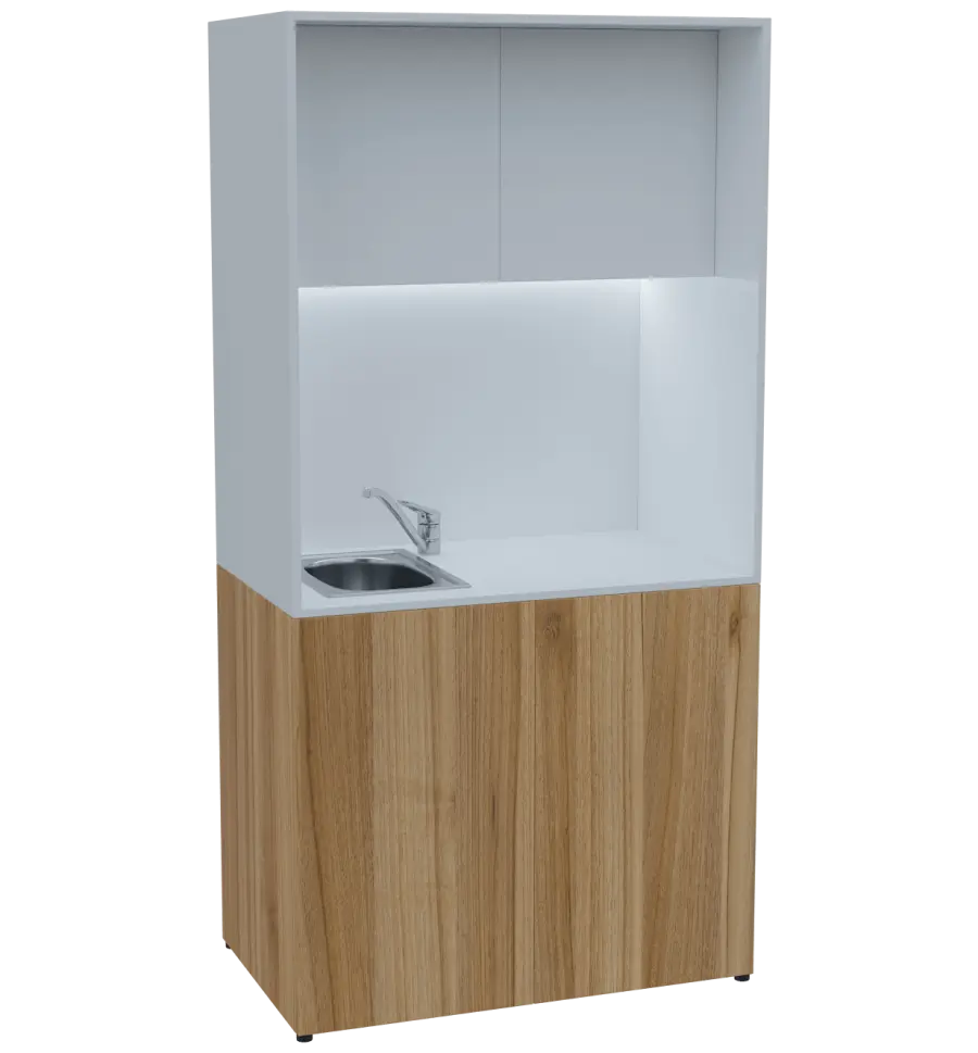 KUCH - CUBE PLUS 2 kuchyňka, vybavení - dřez + baterie, 2000x1000x600 mm, LED osvětlení, dvířka, ořech světlý/bílá