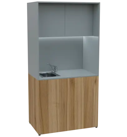 KUCH - CUBE PLUS 2 kuchyňka, vybavení - dřez + baterie, 2000x1000x600 mm, LED osvětlení, dvířka, ořech světlý/šedá