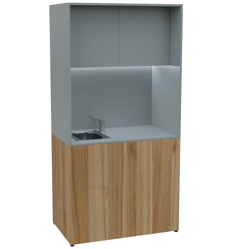 KUCH - CUBE PLUS 2 kuchyňka, vybavení - dřez + baterie, 2000x1000x600 mm, LED osvětlení, dvířka, ořech světlý/šedá