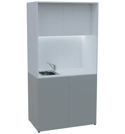 KUCH - CUBE PLUS 2 kuchyňka, vybavení - dřez + baterie, 2000x1000x600 mm, LED osvětlení, dvířka, šedá/bílá