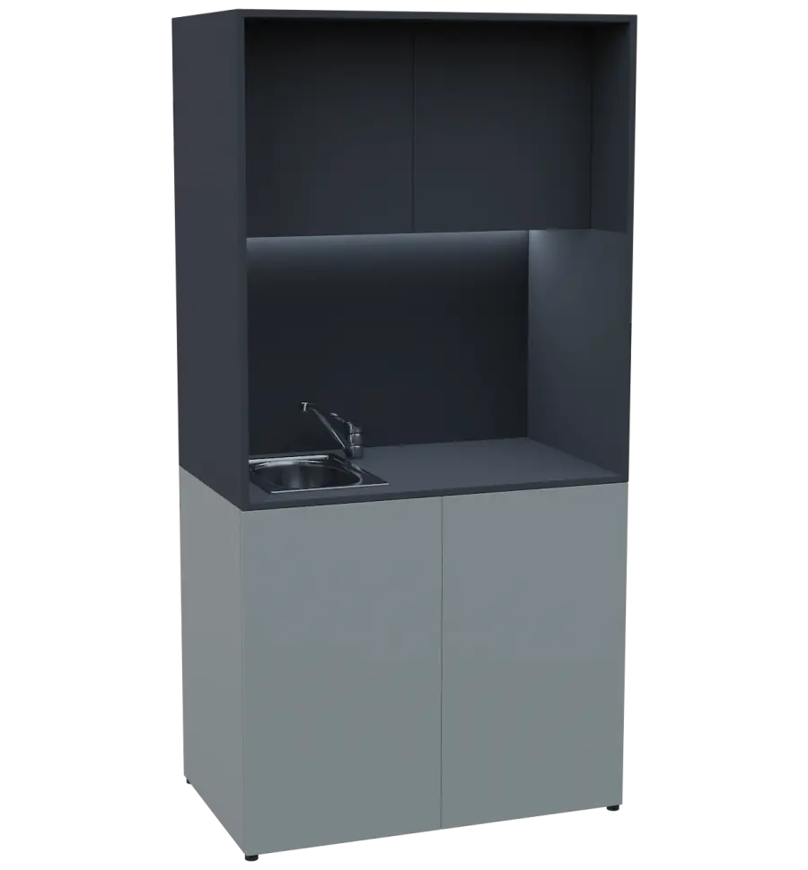 KUCH - CUBE PLUS 2 kuchyňka, vybavení - dřez + baterie, 2000x1000x600 mm, LED osvětlení, dvířka, šedá/antracit