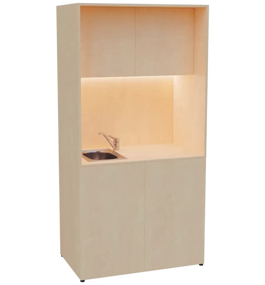 KUCH - CUBE PLUS 2 kuchyňka, vybavení - dřez + baterie + lednice, 2000x1000x600 mm, LED osvětlení, dvířka, bříza irská